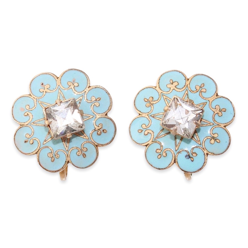 Vintage Blue Enamel Cloisonne Rhinestone Flower Screw Back Earrings Gold Tone